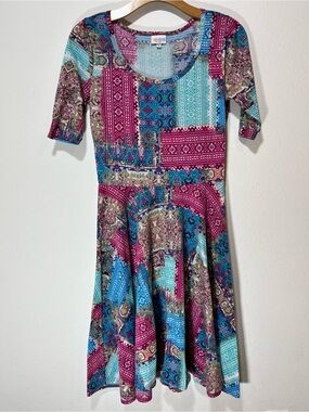 LuLaRoe Teal and Purple Patterned Dress Small